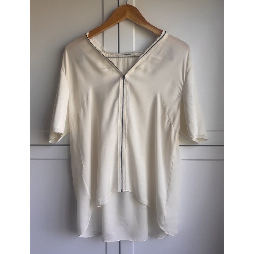 Elie Tahari Ivory Silk Blouse Zip Front Short Sleeve High-Low Hem Size L